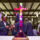 The stained glass windows reflect in a cross as Together Baton Rouge member Joe Connelly (left) networks after his group’s press conference about the federal investigation into the shooting of Alton Sterling at the Wesley United Methodist Church in downtown Baton Rouge, La., on July 7, 2016.
Mark Wallheiser/Getty Images